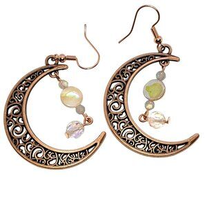 Copper crescent earrings mother of pearl labradorite AB crystal handmade